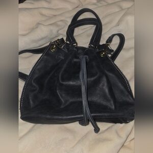 Roots Navy Tribe Leather Drawstring Bag